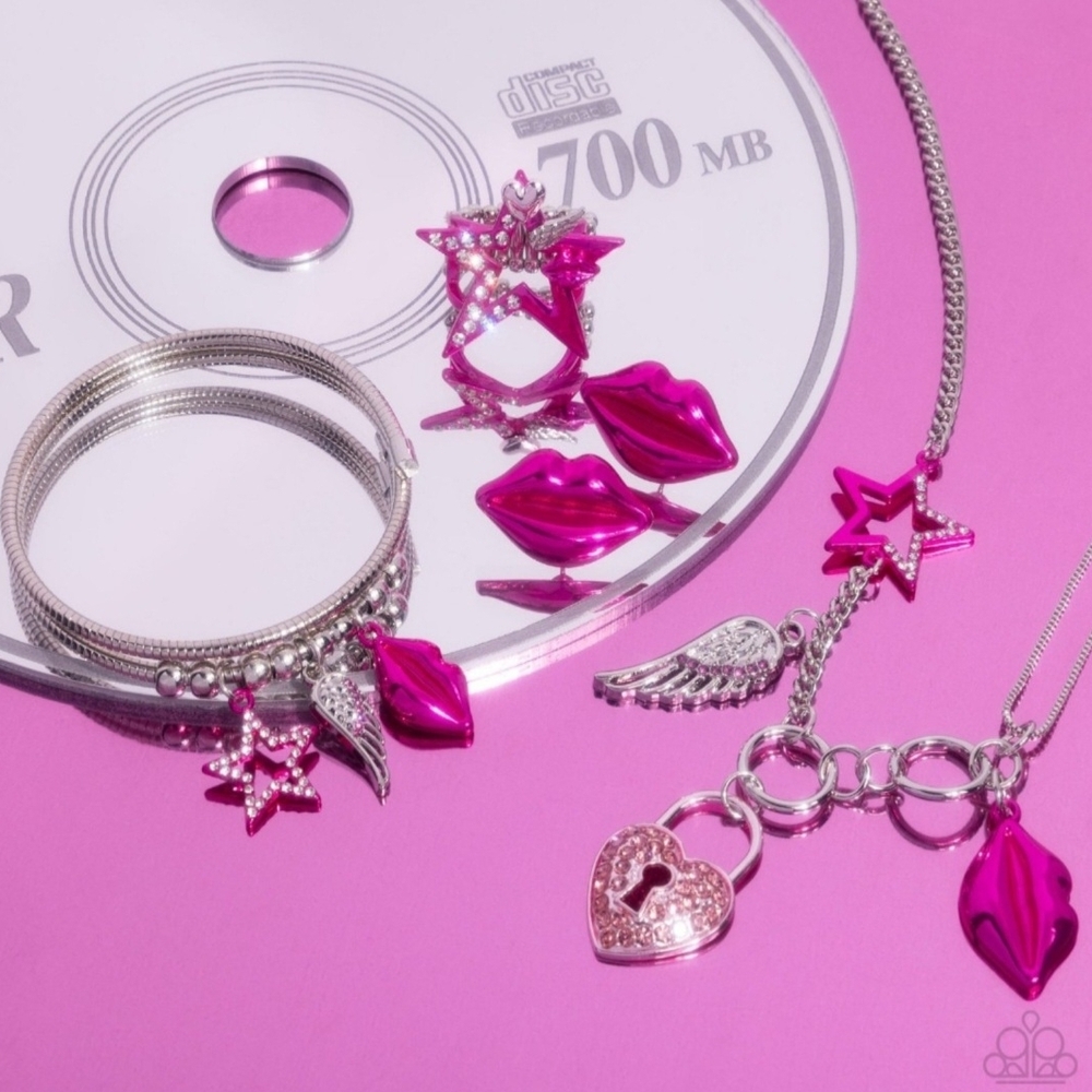 paparazzi Silver-Tone Charm Necklace & Bracelet Set with Hot Pink Lips & Stars